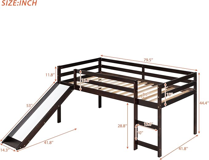 Loft Twin Bed Frame for Boys Girls Kids Toddler with Slide, Multifunctional Design, Twin (Espresso)