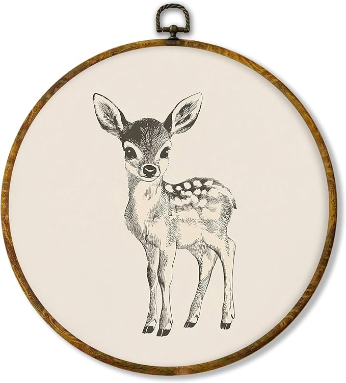 Hiuwevt Vintage Deer Round Wall Art Decor, Cottagecore Deer Framed Canvas Prints, Retro Rustic Wild Animal Farmhouse Round Wall Hanging Decor for Home Nursery Kids Bedroom Decorations, 10x10 Inches
