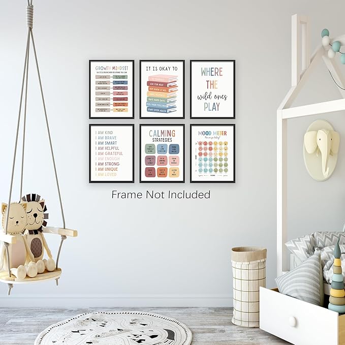 UNXIS Growth Mindset Poster Positive Affirmations Wall Decor It Is Ok To Be Yourself Canvas Wall Art Calming Corner Strategies Chart 8x10in Set of 6 Unframed for Boy Girl Baby Children's Room