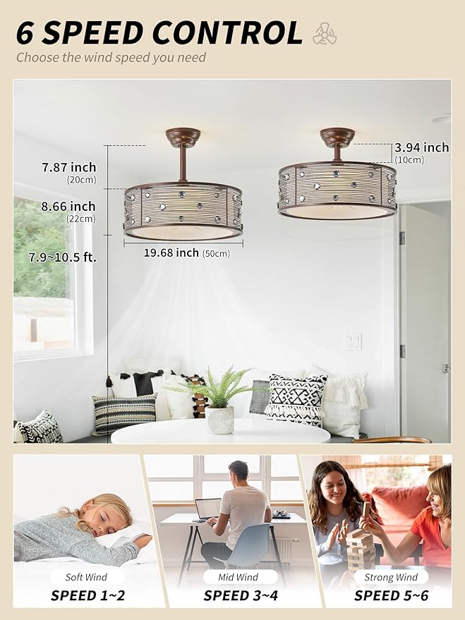 20" Farmhouse Fandelier Ceiling Fan with Light, Rustic Chandelier Ceiling Fans with Lights Remote Control, Caged with 6 Speeds for Bedroom, Living Room, Nursery