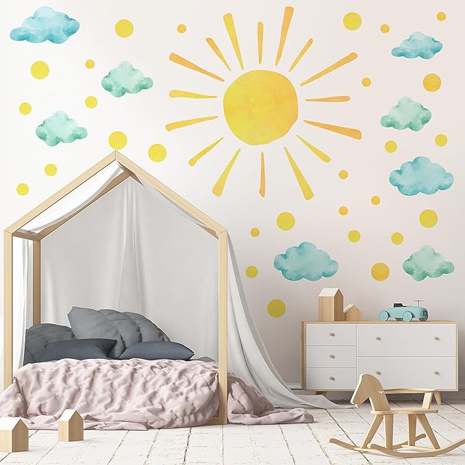 clothmile Sun and Clouds Wall Decals Polka Dots Decal Watercolor Boho Sun Wall Decals Peel and Stick, PVC Sunrise Wall Stickers Sunshine Wall Art Decor for Kids Room Playroom Nursery Bedroom