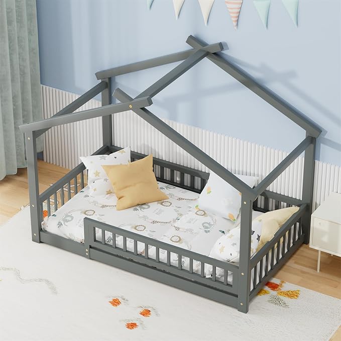 LLS Twin House Bed with Fence, Wooden Montessori Bed with Slats Support, Floor Bed Frame for Boys Girls Bedroom, Gray