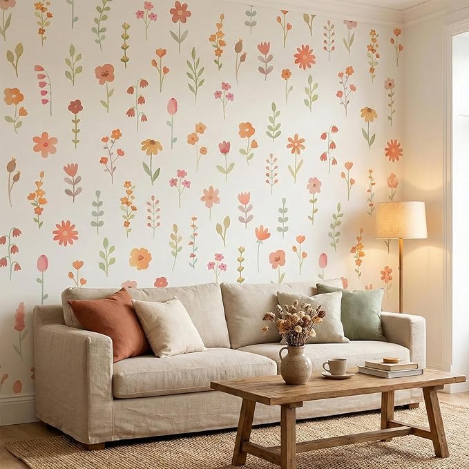 33Pcs Boho Floral Wall Decor Decals Removable Pink Watercolor Wildflower Stickers for Nursery, Girls Room, Dorm and Headboard Art