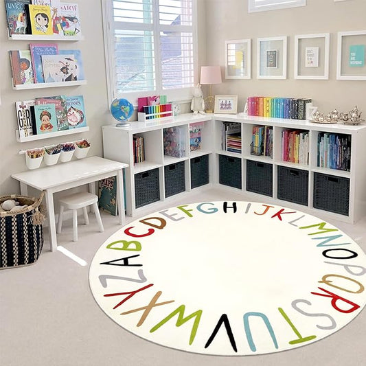 LIVEBOX ABC Round Kids Rug Colorful Play Mat for Playroom, Alphabet Learning Nursery Rug Circle Washable Rug for Children Bedroom, Non-Slip Educational Carpet for Teen (59",Multi Color)