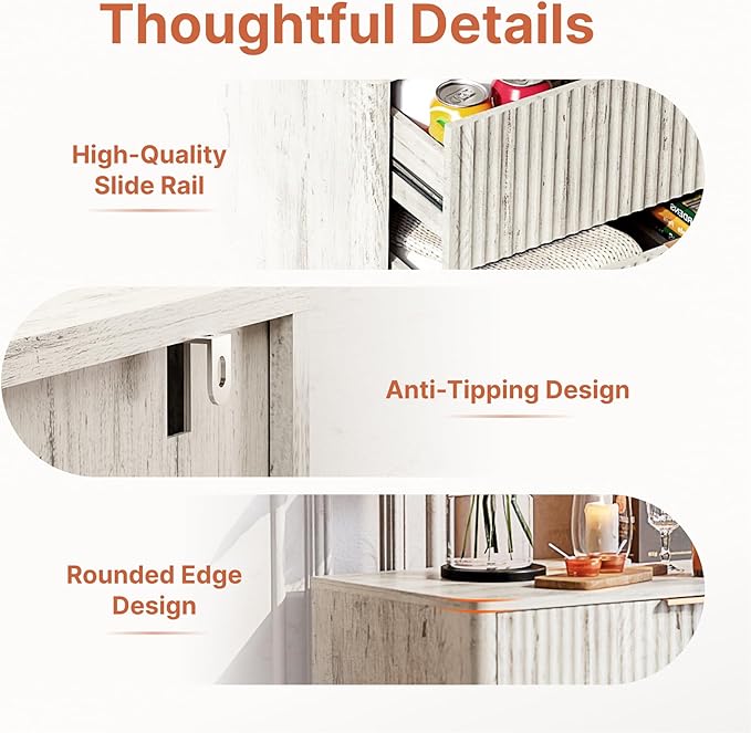 Mid Century Modern 3 Drawer Dresser for Bedroom, Fluted Wood Nightstand with Round Edge Design, Shallow Bedroom Storage for Closet, Living Room (Frosted Oak)
