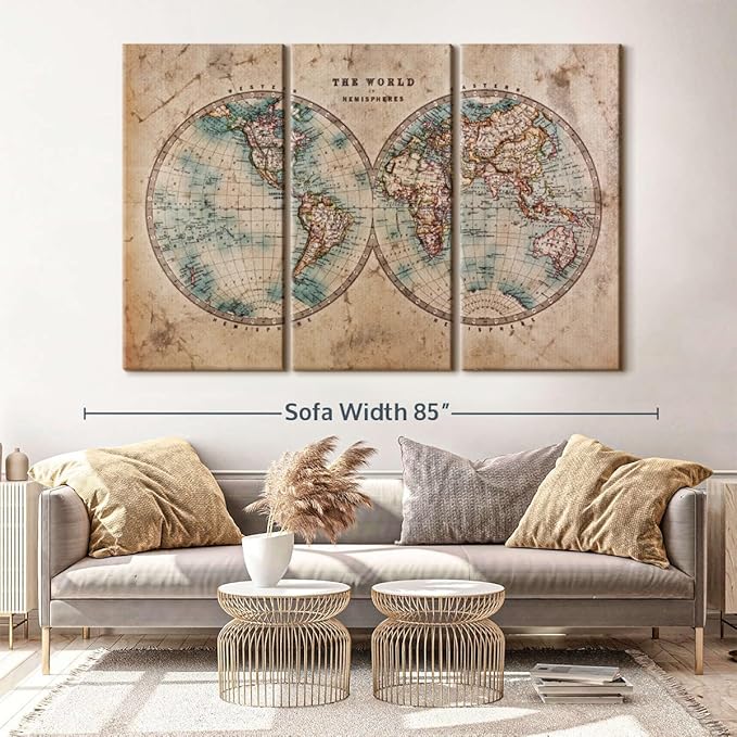 ElephantStock Hemisphere Map Wall Art Multi Piece Canvas - 3 Piece Canvas World Map Wall Decor - Wall Decor - Vintage Wall Art - 74" X 48"