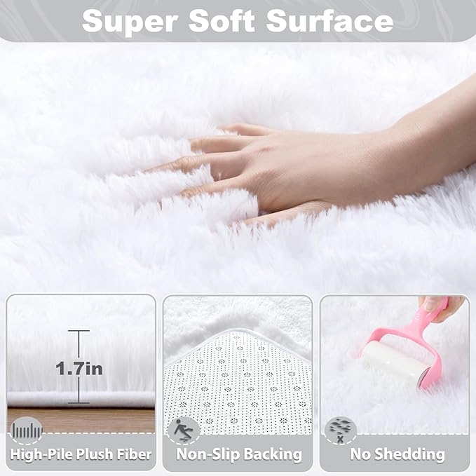 EVOIONOS 5x8 Washable Large Area Rug for Living Room, Fluffy Shag Rug for Bedroom, Ultra Soft Plush Non Slip Carpet for Indoor Floor Bedside Nursery Kids Girls Room Dorm, Home Decor Aesthetic, White