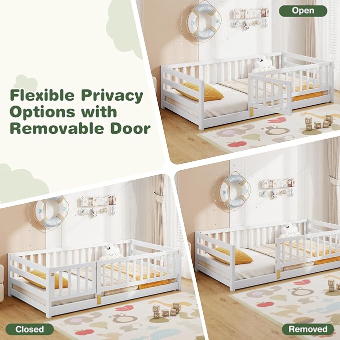 KOMFOTT Twin Size Wood Floor Bed with Door & 21.5” Fence, Montessori Bed Frame with Full Length Safety Guardrails, Door & Latch, Wooden Montessori Floor Bed for Kids, Girls, Boys