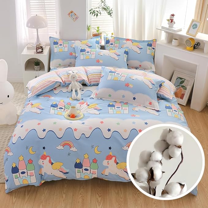 100% Cotton Kids Duvet Cover Set - Unicorn & Rainbow Bedding Queen Size, Kawaii Comforter Cover for Girls & Boys, Soft Breathable Bedding Set with Cute Design(Unicorn,Queen)