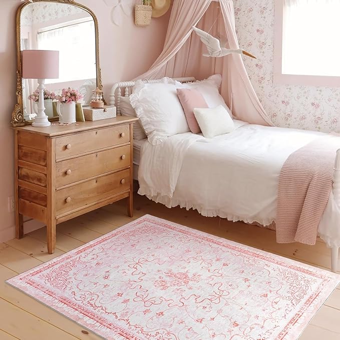 Pink Rug for Office Under Desk Rolling Chairs 4x6 - Small Classroom Rug Reading Corner,Washable Bow Floral Hardwood Floor Mat for Baby Nursery Bedroom