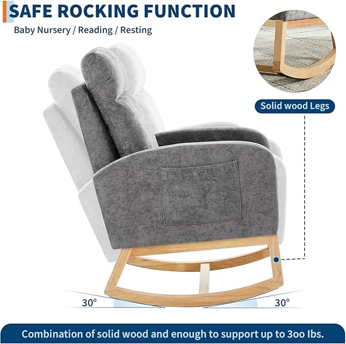 Rocking Chair Nursery, Modern Upholstered Glider Rocker with Side Pocket, Upholstered Lounge Chair with Solid Wood Base for Relaxin, for Living Room, Bedroom