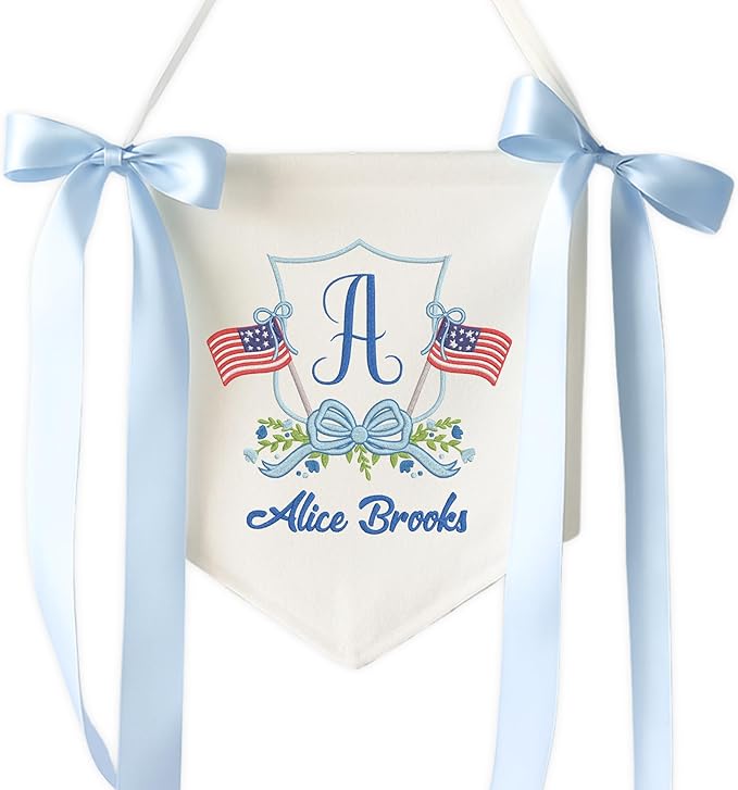 Embroidered Baby Name Sign with Bows Personalized Baby Announcement Sign Newborn Baby Banner Baby Hospital Name Sign Canvas Hanging Pennant Flag Custom Infant Baby Name Baby Shower Banner (09)