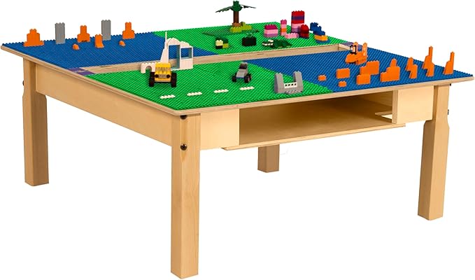 Time-2-Play 35" Square Blue & Green Lego Compatible Blocks Play Table for Kids, Solid Wood Desk with Trough and Shelf for Elementary School, Toddlers [ 14" Long Legs]