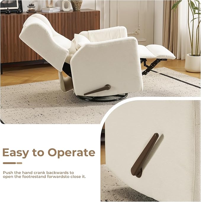 Swivel Rocker Recliner Chair with Adjustable Headrest,Rocking Recliner Chair for Nursery,Oversized Glider Rocking Chair with Double Cushion,Chenille,White