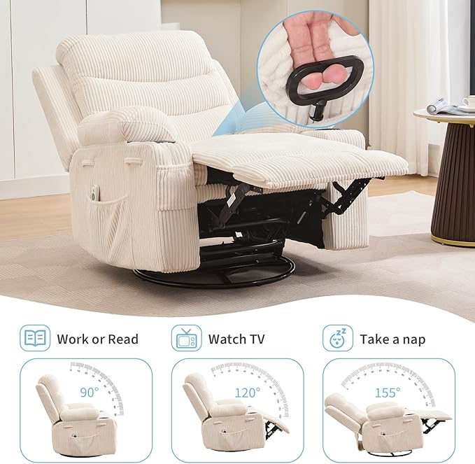 Recliner Chair Nursery, Oversized Manual Reclining Rocking Chair, 360 Swivel Glider with Cup Holder, Massage and Heat Recliner, Indoor Small Single Sofa Chairs for Adults, RV, Bedroom, Corduroy Beige