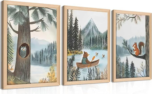 Framed Cute Animals Wall Art Set of 3, Woodland Bear Canoe Adventure Nursery Decor, Owl Squirrel Kids Room Pictures Prints, Wild Animals Canvas Wall Decor for Baby Room Decor – 16x24 inch