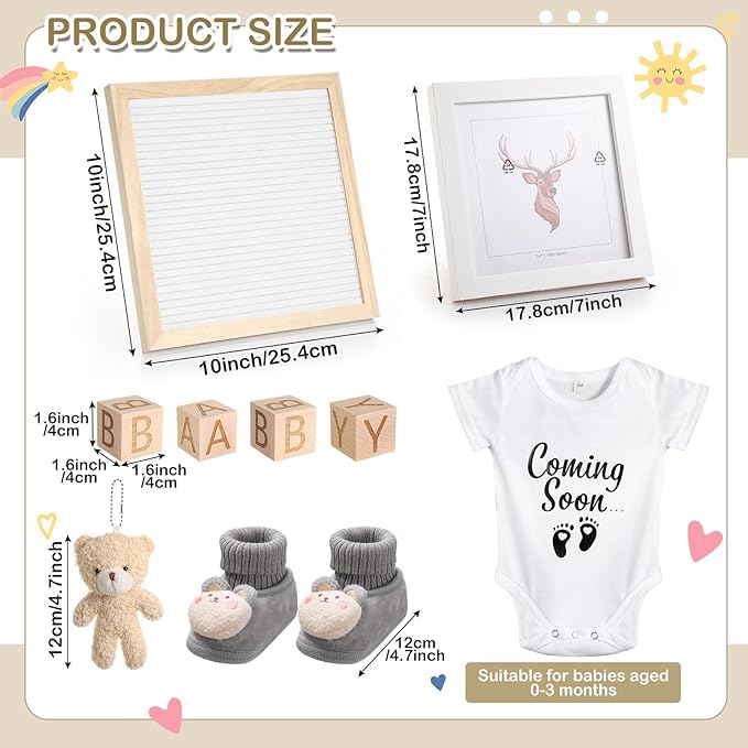 9 Pcs Pregnancy Announcement Set Pregnancy Reveal Ideas Felt Letter Board Baby Bodysuit Booties Photo Frame Bear Plush Wood Blocks for Coming Soon Baby Announcement(White)