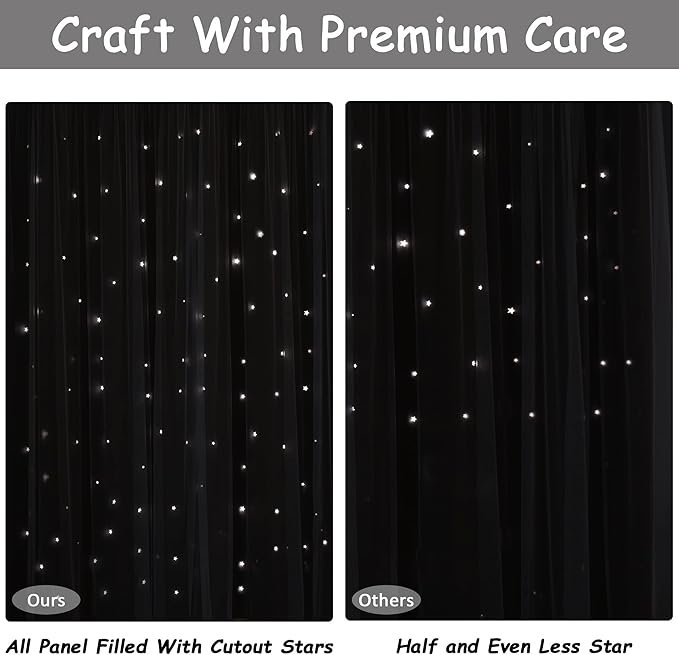 Kinryb Blackout Curtains for Girl Bedroom/Living Room/Classroom, Sheer Overlay 63 Inches 2 Panel Set, Double Layer Curtains with Star Cutout for Kids Room(W 52 x L 63 Inches,Grey 2 Pcs)