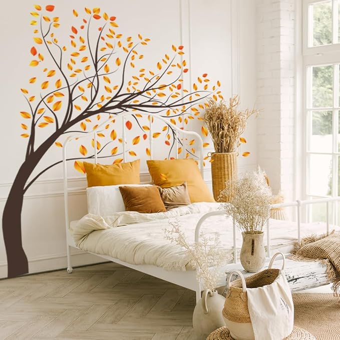 Autumn Tree Wall Decals Large Tree Wall Stickers DIY Peel and Stick Fall Yellow Leaves Wall Decor for Kids Girls Boy Bedroom Living Room Nursery Classroom Offices TV Sofa Background Decoration
