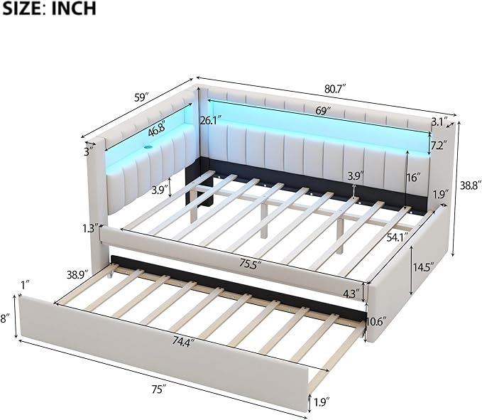 Full Size Daybed with Trundle and L-Shaped Bookshelf Headboard, Linen Upholstered Soft Corner Bed with Storage Shelves, Charging Station and LED Belt for Kids Boys Girls, White