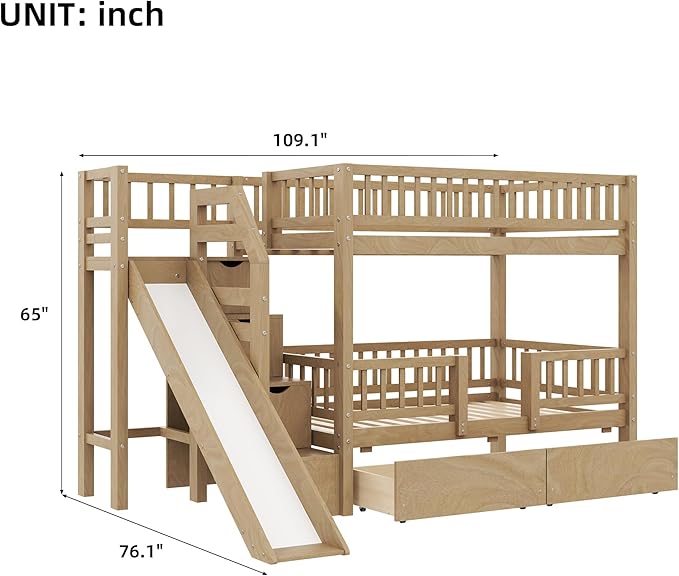 Twin Over Twin Bunk Bed with Storage Staircase, Solid Wood Bunk Bed Frame with Slide and 2 Drawers for Kids Teens Adult Bedroom, No Box Spring Needed (Walnut/63r)