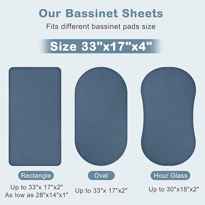 Basumee Muslin Bassinet Sheets for Baby Girl Boy 2 Pack Soft Breathable Baby Bedside Bassinet Fitted Sheets with Bottom Elastic Band 33''x17''x4'' Mattress Cover for Rectangle Oval Hourglass Bassinets
