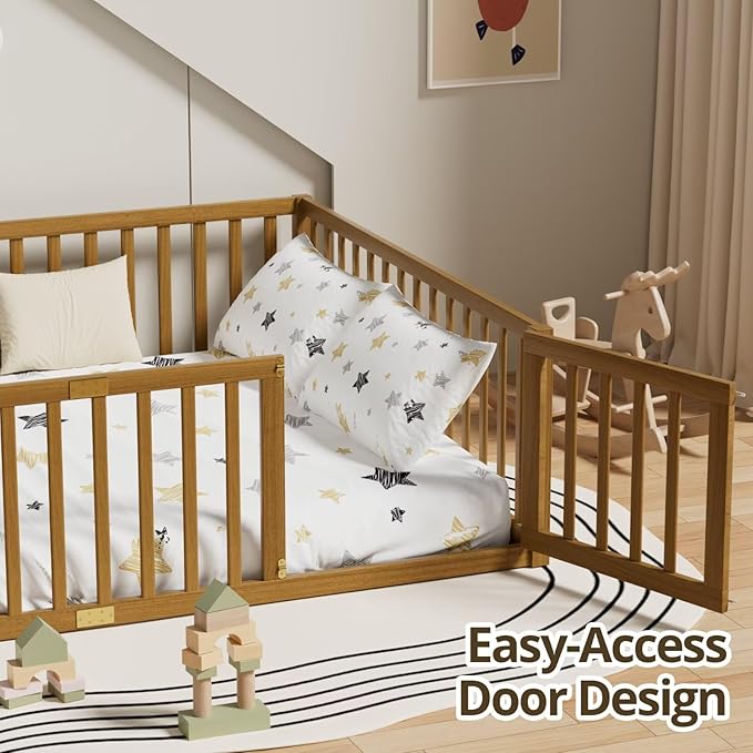 LLS Queen Size Floor Bed with 21.6" High Fence for Kids Boys Girls, Solid Wood Multifunctional Montessori Bed Frame with Door, Without Slats, Light Espresso