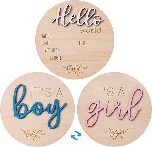 2-in-1 Gender Reveal Sign and Hello World Announcement Signs, It's a Boy or Girl Sign Newborn Announcement Set, Wooden Baby Welcome Sign for Hospital, Nursery he or she signfor Newborn Boys and Girls