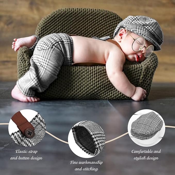 SPOKKI 4 Pcs Newborn Baby Photo Props, Lattice Rompers Suspender Pants with Beret Glasses Bow Tie for Infant Boys' Costumes, Newborn Boy Photography Outfit Set (Grey)