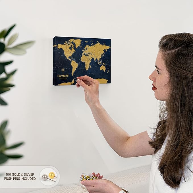 ElephantStock - Personalized Push Pin World Map - Gold Wall Art - Horizontal Canvas Wall Art - Living Room Wall Decor - Digital Art Map Canvas Art - Orange And Blue Decor - 12" x 8"