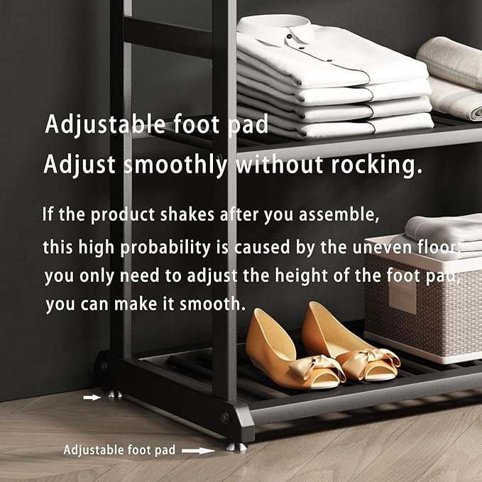 Heavy duty clothes rack,Metal Clothing rack for hanging clothes,garment rack with bottom shelves and 6 side hooks for bedroom cloakroom(black, L:39.4)