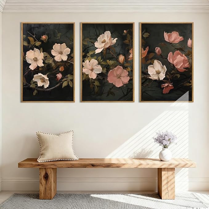 IARTTOP Large Black Floral Framed Canvas Wall Art 16x24 Inch Dark Moody Floral Art Prints Set of 3 Modern Botanical Wildfower Wall Decor for Living Room Bedroom Office