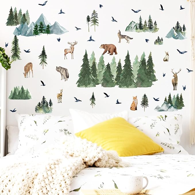 Mountain Tree Wall Decals Watercolor Pine Tree Wall Decals Large Woodland Wall Stickers Forest Flying Birds Deer Fox Bear Animal Wall Stickers for Nursery Kids Room Bedroom Decor
