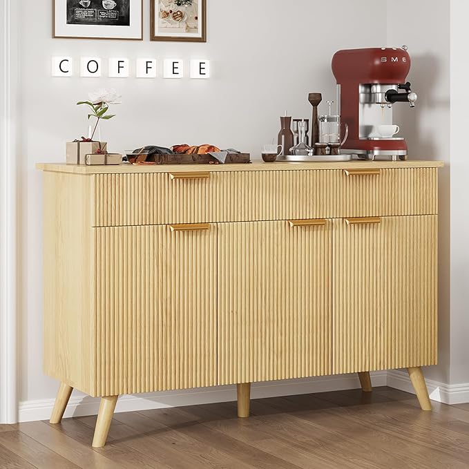 47" Buffet Cabinet with Storage, Natural Wood Fluted Sideboard with Drawers 3 Doors & Adjustable Shelves, Modern Accent Storage Cabinet Console Table for Living Room, Hallway, Entryway