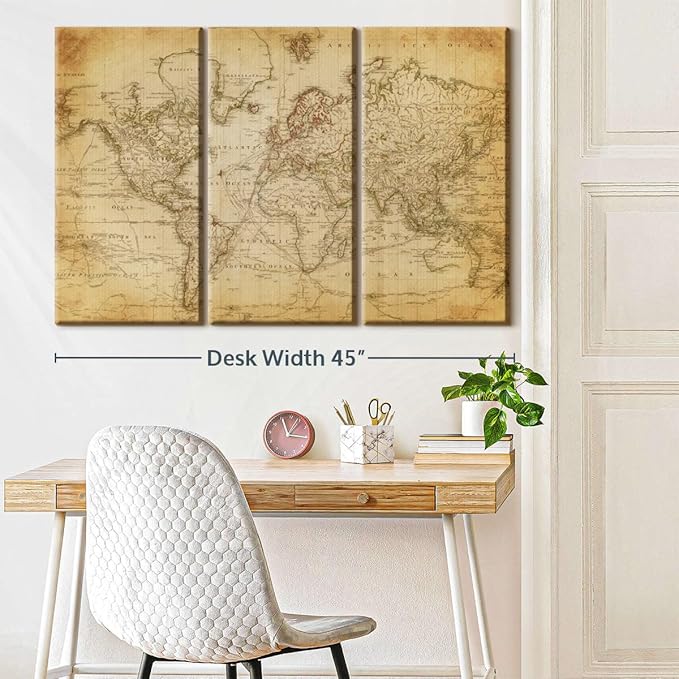 ElephantStock Old Century World Map Wall Art Multi Piece Canvas - 3 Piece Canvas World Map Wall Decor - Ready-to-Hang Print - Vintage Wall Art - 45" X 28"