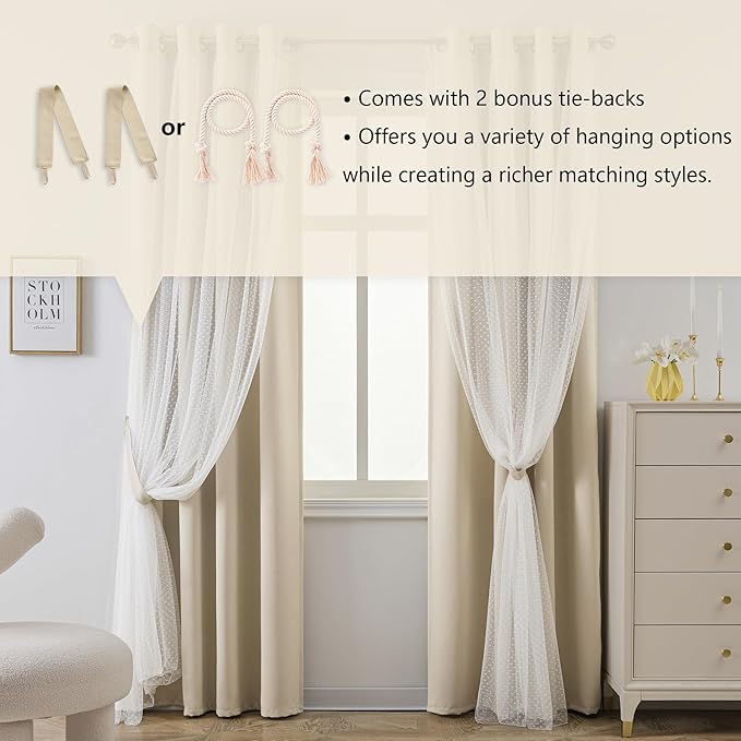 MYSKY HOME Beige 70% Blackout Curtains for Girls Bedroom & Living Room Nursery Kids Cute Double Layer Curtains 63 inch Long with Sheer Overlay, Grommet Tops, 52" Wide Each Panel, 2 Panels