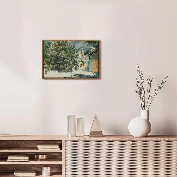 OIQArtOIQ Framed Vintage Landscape Wall Art Orange Trees Still Life Oil Painting Canvas Prints Country Farmhouse Aesthetic Fall Decor Pictures for Kitchen Bedroom Living Room Bathroom