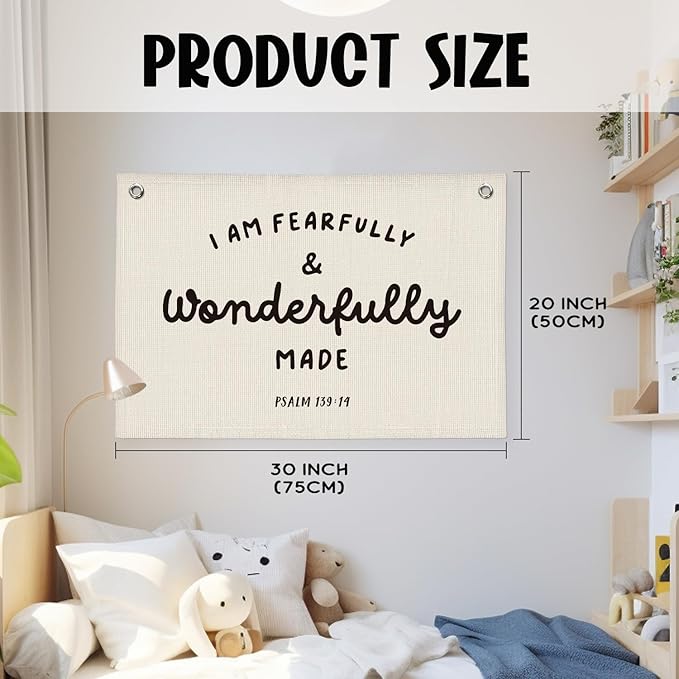 Kids Room Decor - Bible Verse Wall Hanging, 'I am Fearfully and Wonderfully Made' Linen Banner, Canvas Decoration for Classroom, Nursery, Kids Room