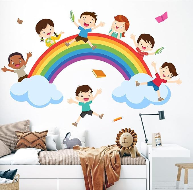 Watercolor Rainbow Wall Decals Educational Wall Stickers for Kids Room, Large Rainbow Cloud Wall Decor Students Reading Art Murals Peel and Stick Decorations for Nursery Classroom