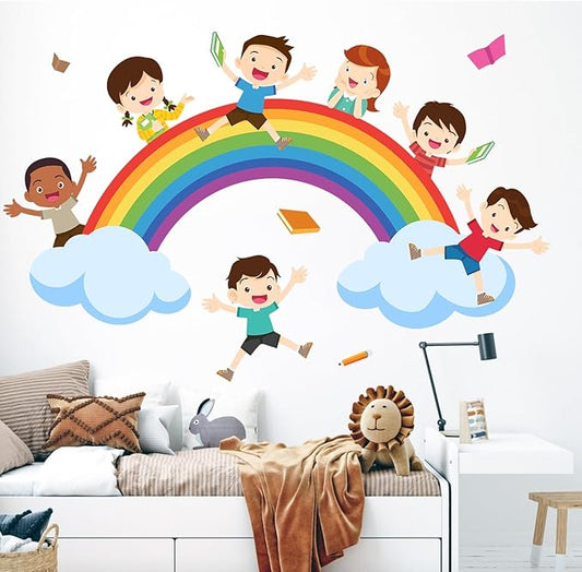 Watercolor Rainbow Wall Decals Educational Wall Stickers for Kids Room, Large Rainbow Cloud Wall Decor Students Reading Art Murals Peel and Stick Decorations for Nursery Classroom