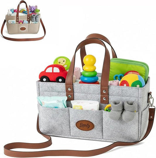Felt Diaper Caddy Organizer, Portable Nursery Basket for Diapers, Caddy for Baby Stuff Storage, Baby Shower Must Haves Gift, Grey Felt for Changing For Car, Long Handles (Grey Majesty)