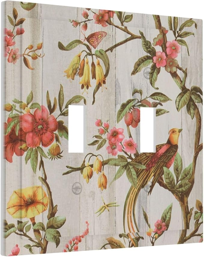 Flowers Bird Tree Retro Spring Floral Branch 2 Gang Light Switch Plate Decorative Double Toggle Wall Plate Oriental Chinese Landscape Drawn Receptacle Switchplate Decorate for Home Living Room Bedroom