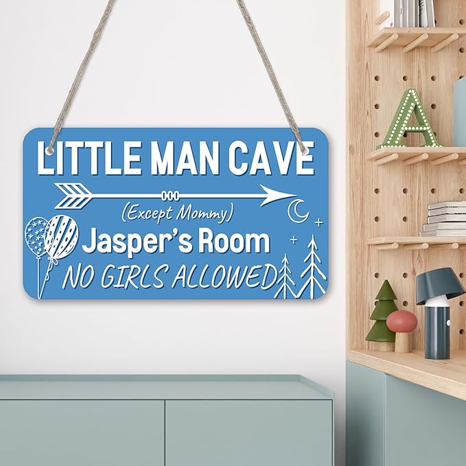 Little Man Cave Personalized Baby Boy Room Decor Custom Name Boys Kids Bedroom Door Sign Toddler Baby Nursery Wood Art Wall Plaque 12x6