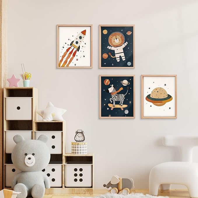 VONTP Space Animal Nursery Kids Wall Art Decor, Space Rocket Planet Lion Zebra Nursery Prints Poster Wall Decorations for Kids Girls Boys Toddler Room Bedroom Playroom, 8x10 Inch Set of 4 (Unframed)