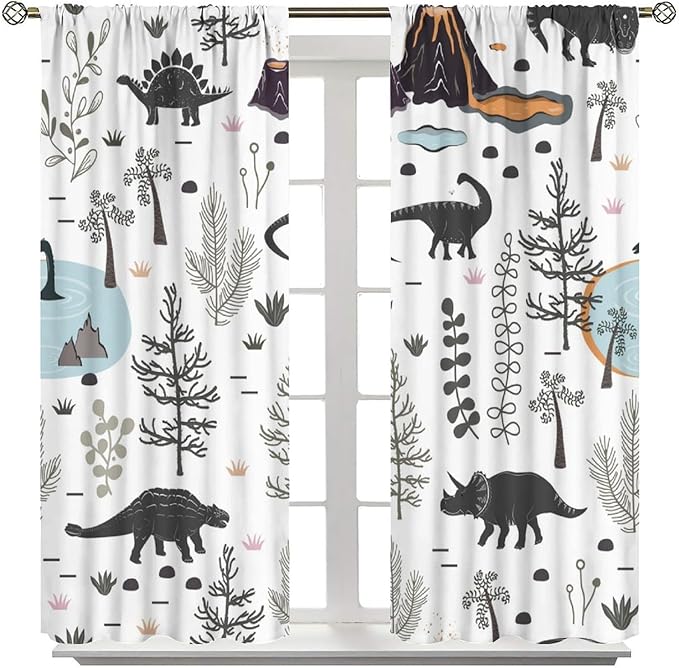 Funny Dinosaur Curtains Cute Dino Cartoon Animals Abstract Aesthetics Art Print for Kids Girls Boys Bedroom Living Room Rod Pocket Decoration Window Drapes 2 Panels W21xL63in