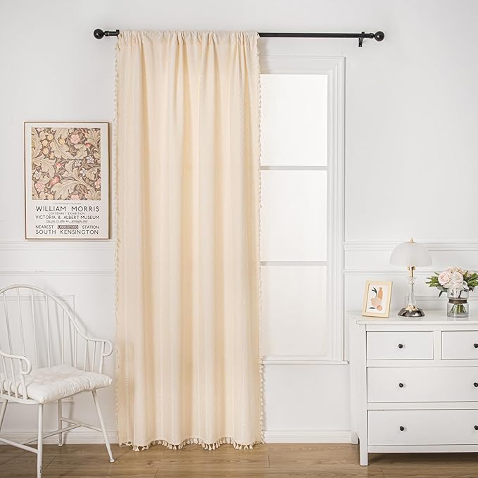 Deeprove Boho Curtains 96 Inches Long for Bedroom Living Room, Beige Cotton Linen Stripes Embroidery Weighted, Bohemian Farmhouse Window Treatment Drape Tassels, 1 Panel W52 x L96, Champagne