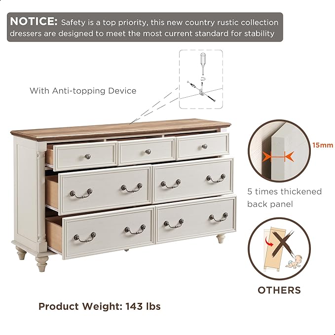 T4TREAM Farmhouse 7 Drawers Dresser Chests for Bedroom w/ 4 Solid Wood Feet & Column Decor, Tall Wide Wood Country Rustic Chest of Drawers, Storage Dressers for Bedroom, Living Room, Antique White
