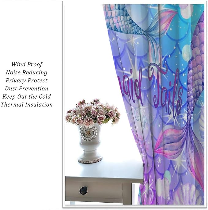 Dream Mermaid Curtain Colorful Mermaid Shell Ocean Theme Fantasy Blackout Curtains for Kids Boys Girls Bedroom Nursery Room Decor Rod Pocket Window Drapes 52x84in
