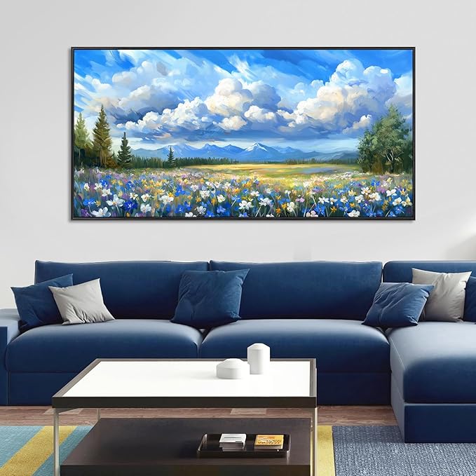 Framed Natural Landscape Wall Art for Living Room, Large Mountain Wildflower Canvas Artwork for Walls Decor, Farmhouse Nature Colorful Flower Paintings Prints for Bedroom Office Decoration 28"x58"
