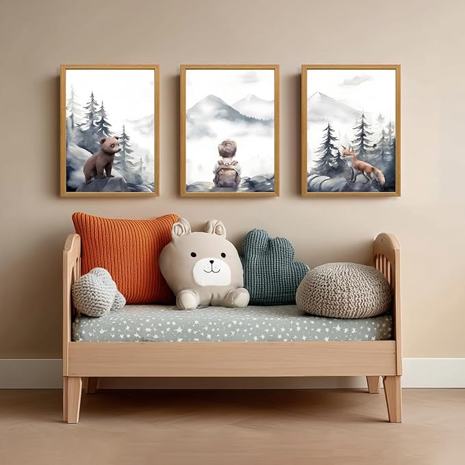 kilamino Neutral Woodland Wild Animal Wall Art, Cute Bear Fox Nursery Wall Decor, Adventure Boy Poster Prints, Vintage Forest Animal Canvas Paintings for Baby Room Playroom Wood Framed 12"x16"x3